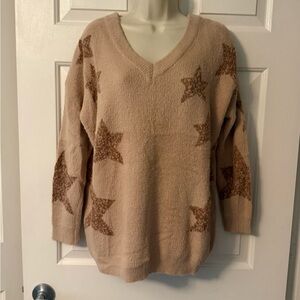 Elegant Beige Star V-Neck Sweater